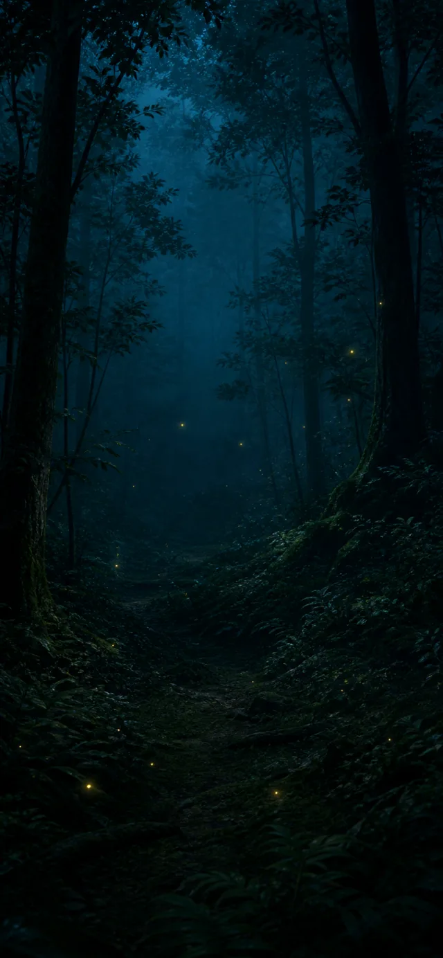 Moonlit forest with fireflies