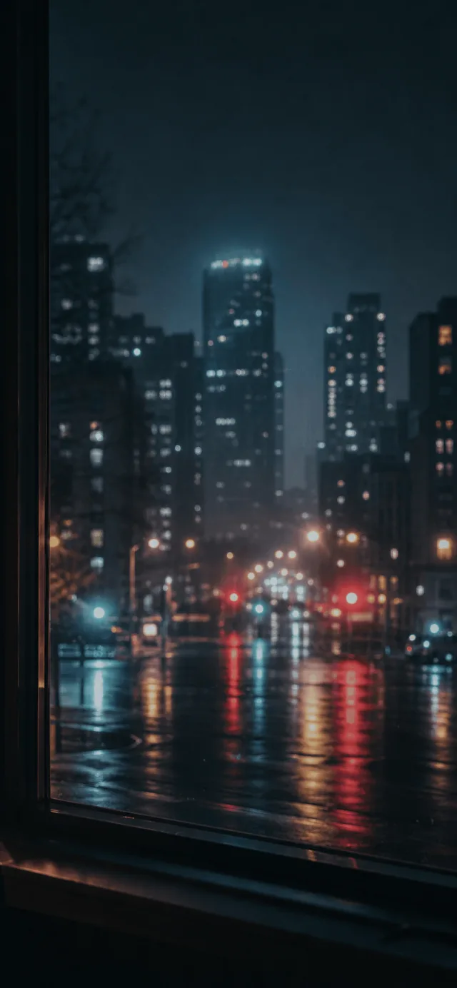 Rainy city seen through a window