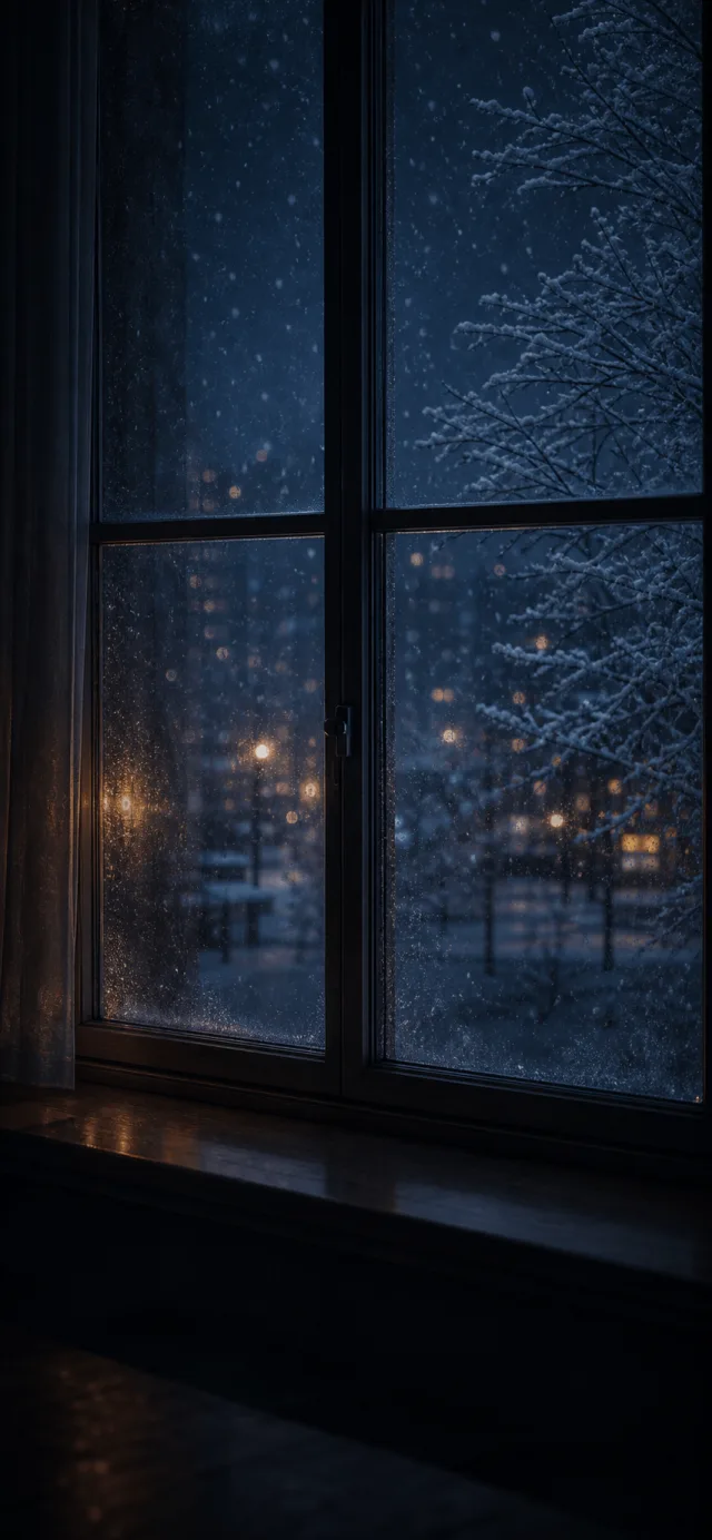 Snow falling outside a quiet window