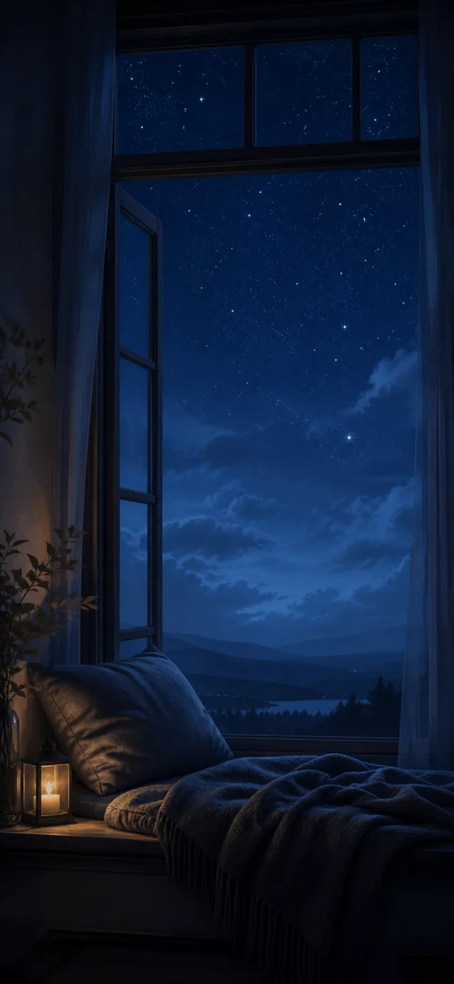 Starry sky beyond a cozy window