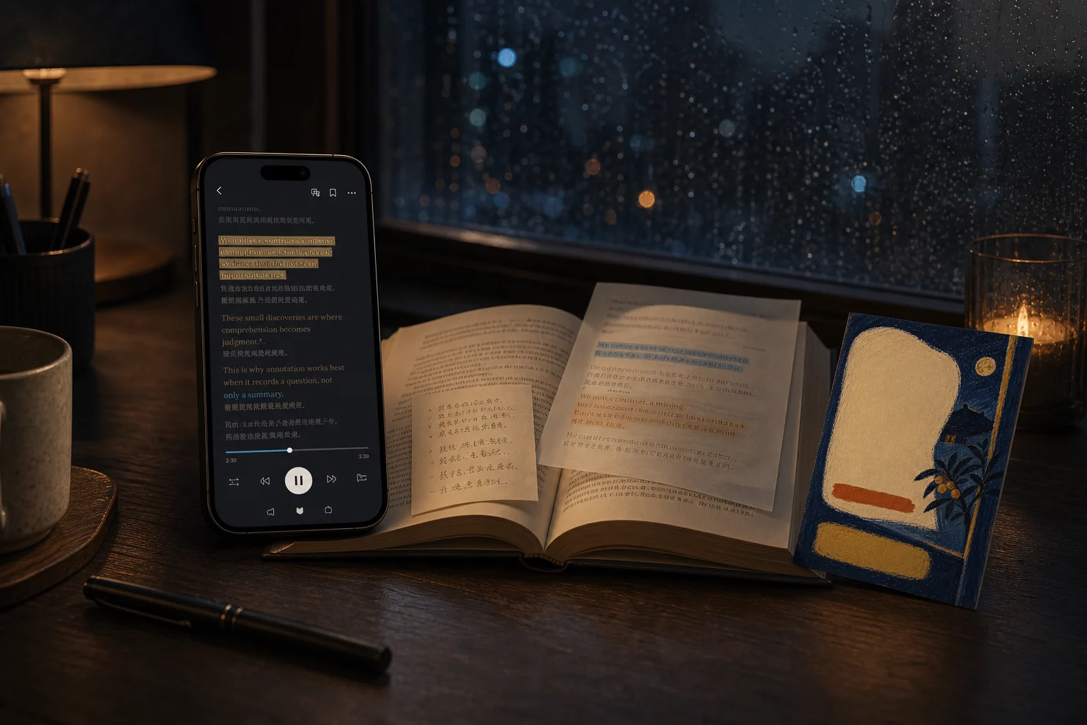 An immersive reading desk with Aurader highlighting text beside bilingual pages, a margin note and a saved quote card